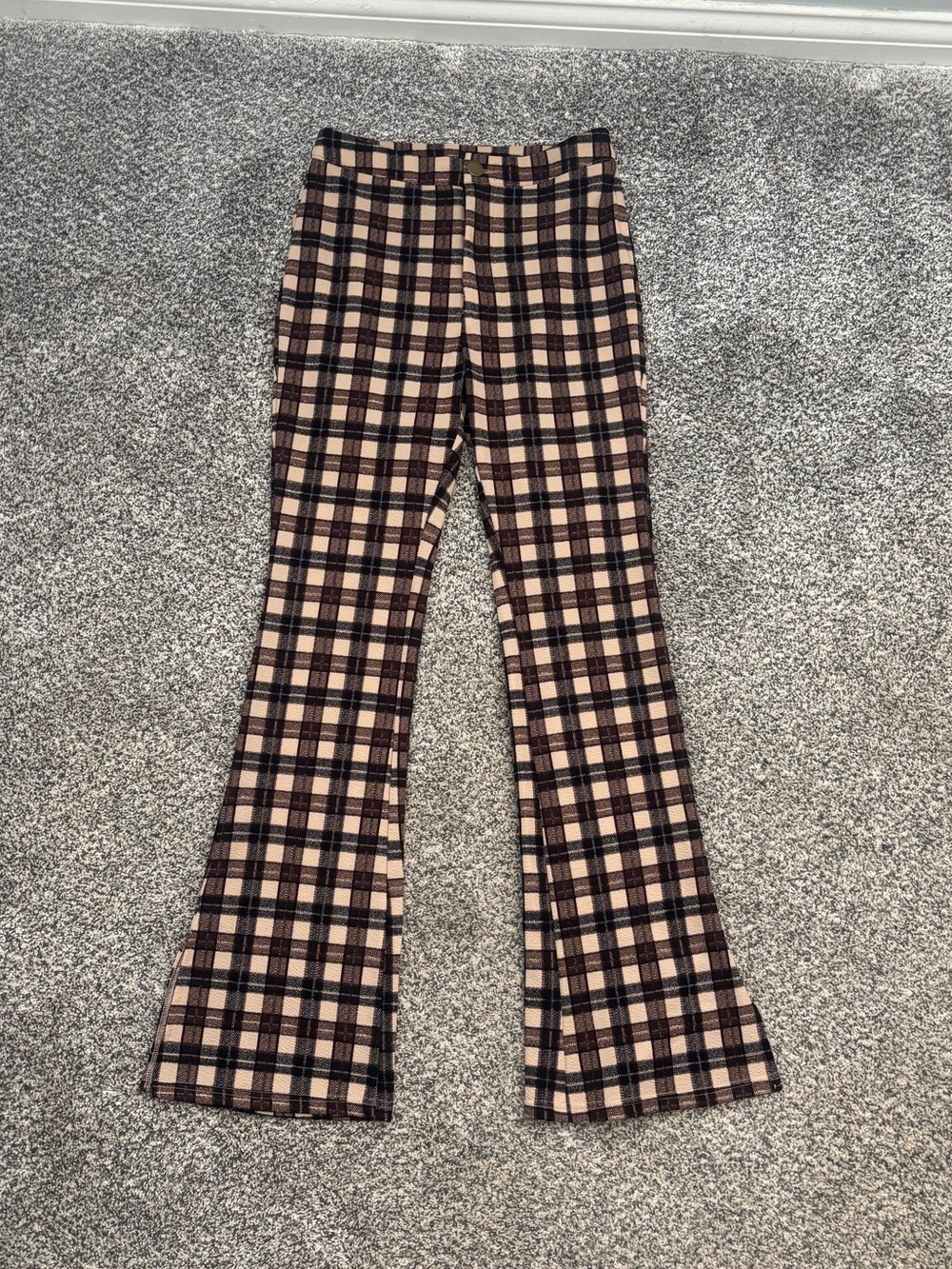 SHEIN Beige and Brown Plaid Flare Pants
